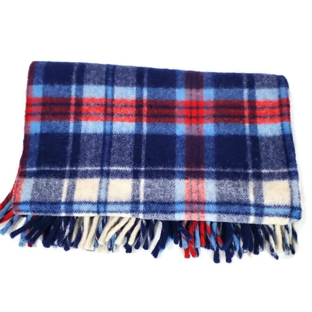Vintage Curvon Royal Pure Wool Blue Plaid Lap Blanket 34.5